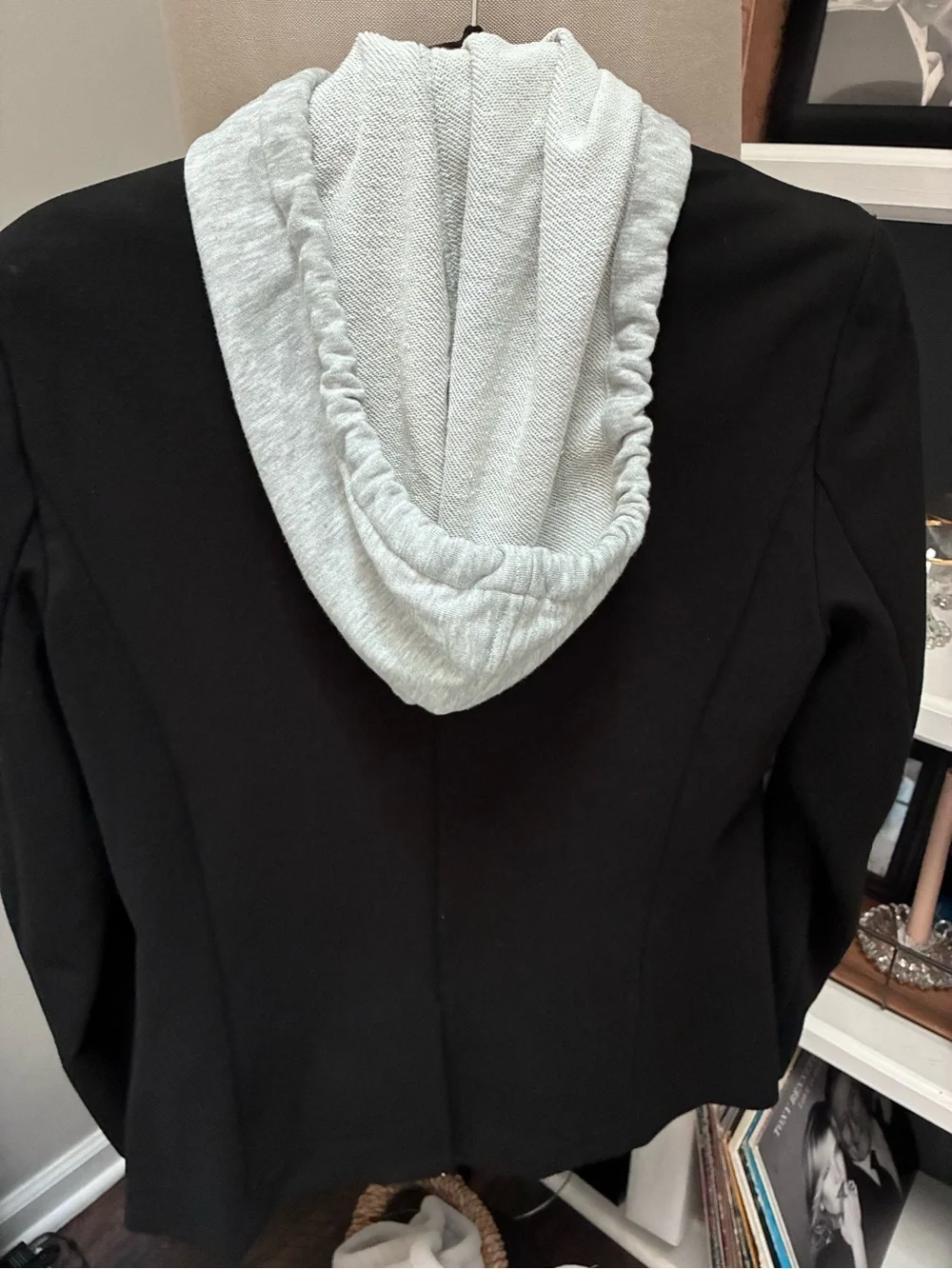 Evereve Black Blazer with Light Gray Hoodie Layered Style